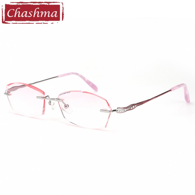 Women's Rectangular Diamond Rimless Titanium Frame Eyeglasses 9065 Rimless Chashma Pink  