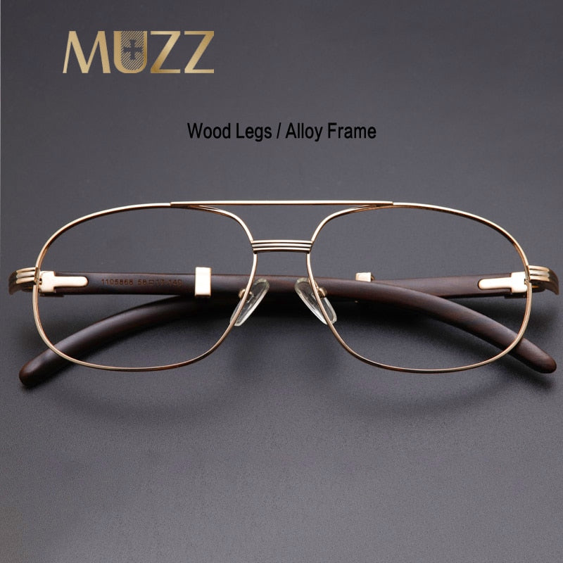 Muzz Men's Full Rim Square Alloy Double Bridge Frame Wood Temple Eyeglasses 1105868 Full Rim Muzz   