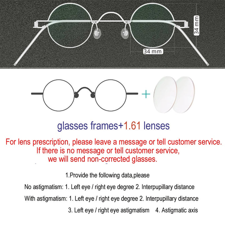 Unisex Handcrafted Small Round Eyeglasses Customizable Lenses Frame Yujo 34mm 1.61 Index Single Vision China 