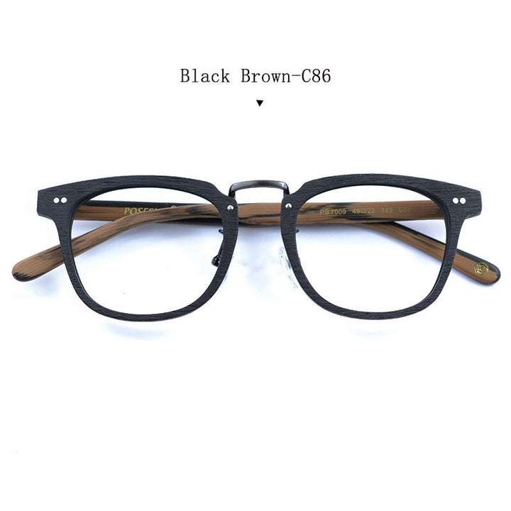 Hdcrafter Men's Full Rim Square Round Wood Alloy Acetate Frame Eyeglasses Ps7009 Full Rim Hdcrafter Eyeglasses Black Brown-C86  