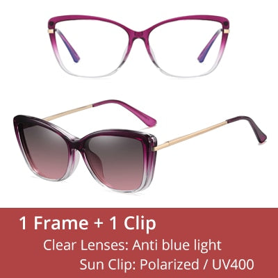 Ralferty Women's Full Rim Square Cat Eye Acetate Eyeglasses With Polarized Clip On Sunglasses D95335 Clip On Sunglasses Ralferty C6 Purple  