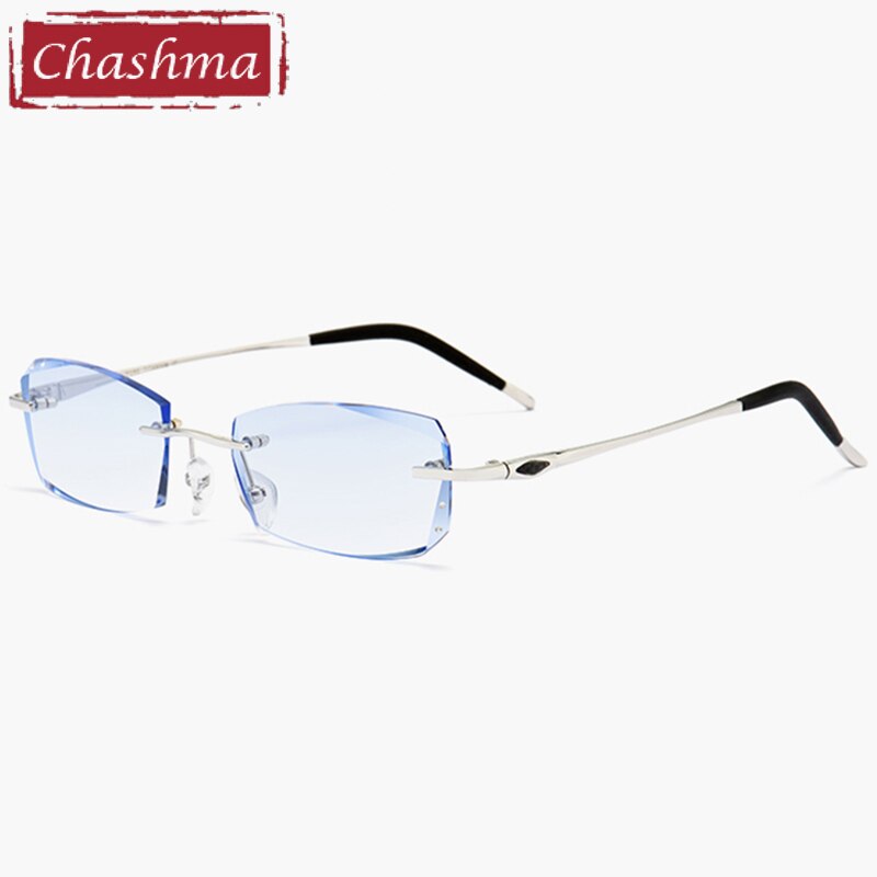 Men's Rectangle Diamond Trimmed Rimless Titanium Frame Eyeglasses 8193 Rimless Chashma A Silver Blue  