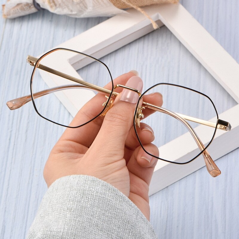 Yimaruili Unisex Full Rim Titanium Polygon Frame Eyeglasses T3903 Full Rim Yimaruili Eyeglasses Black Gold  