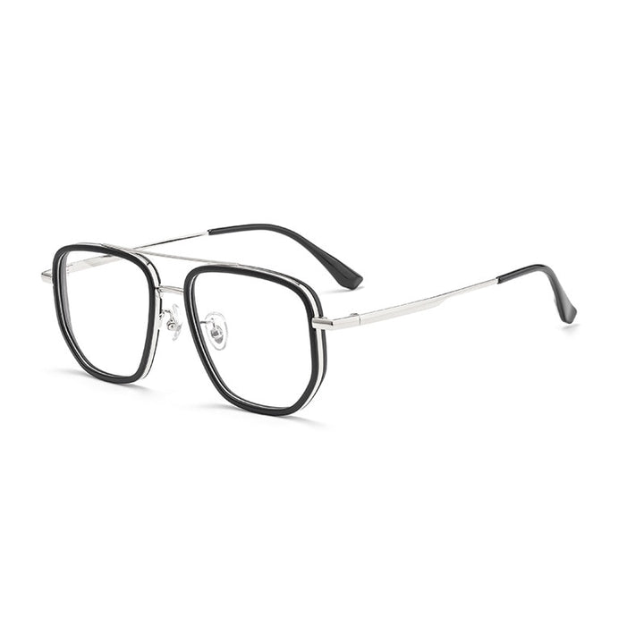 KatKani Men's Full Rim Polygon Titanium Double Bridge Frame Eyeglasses 2217yj Full Rim KatKani Eyeglasses Black Silver  