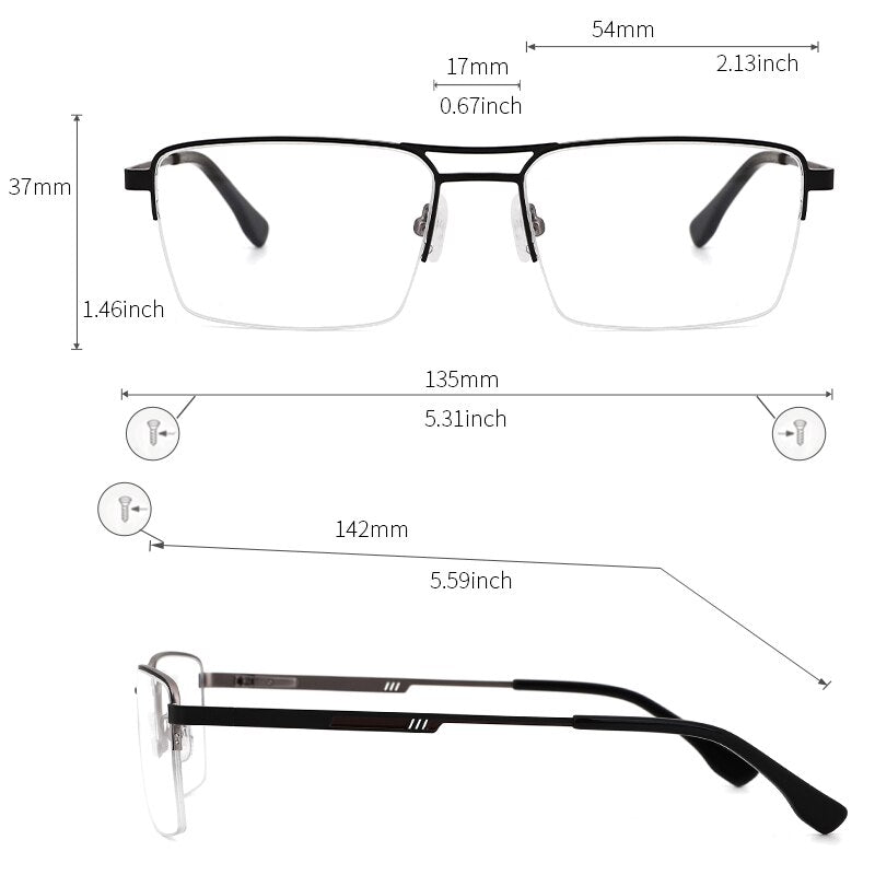 Kansept Men's Semi Rim Square Double Bridge Stainless Steel Frame Eyeglasses Me2360 Semi Rim Kansept   