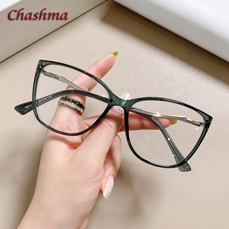 Chashma Ochki Women's Full Rim Square Cat Eye Tr 90 Titanium Eyeglasses 7843 Full Rim Chashma Ochki Transparent Green  