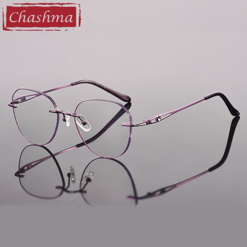 Women's Retro Rimless Eyeglasses Diamond Cut Tinted Lenses Titanium Frame 99101 C Rimless Chashma Purple with Clear  