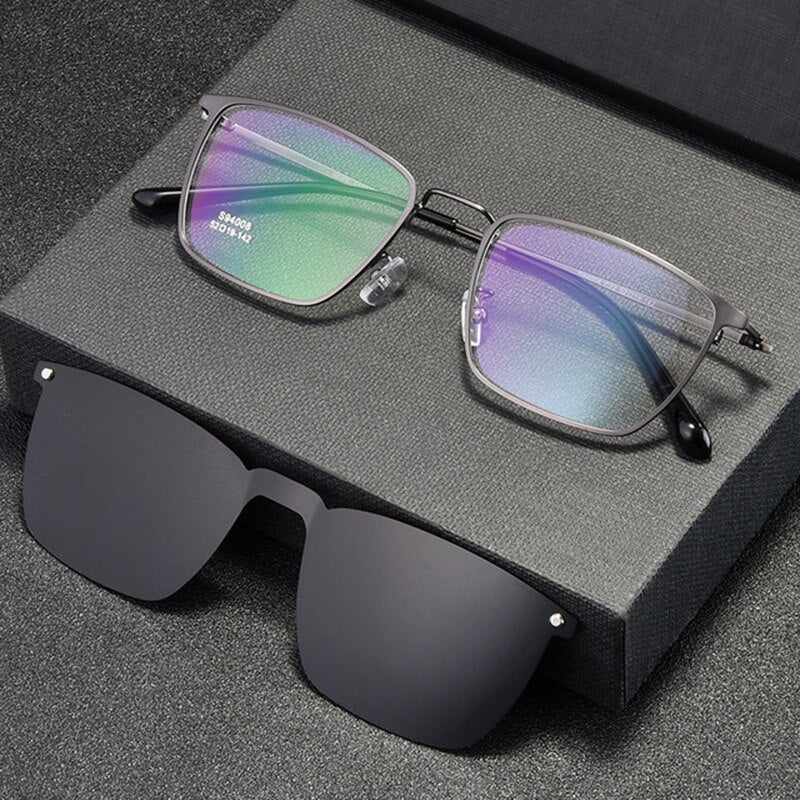 Men's Full Rim Square Frame Eyeglasses Magnetic Clip On Polarized Sunglasses Zt94008 Sunglasses Bclear   