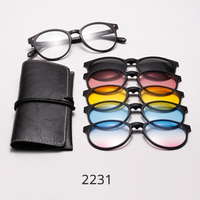 Unisex Eyeglasses 5 In 1 Round Clip On Sunglasses