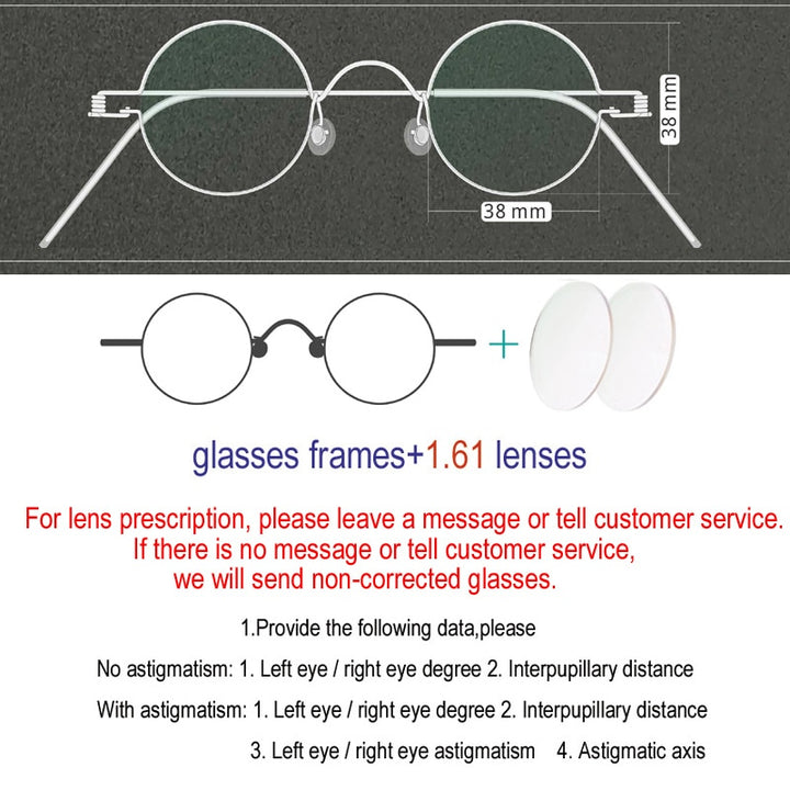 Unisex Handcrafted Small Round Eyeglasses Customizable Lenses Frame Yujo 38mm 1.61 Index Single Vision China 
