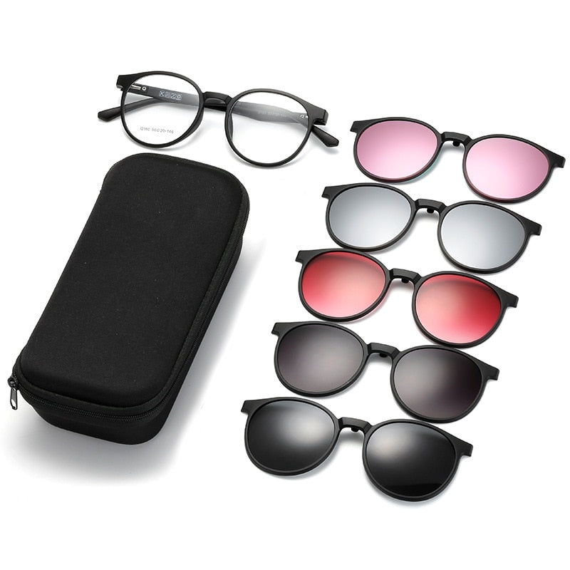 KatKani Unisex Full Rim TR 90 Round Frame Eyeglasses + 5  Magnetic Polarized Sunglasses K12160 Sunglasses KatKani Eyeglasses Box Set  