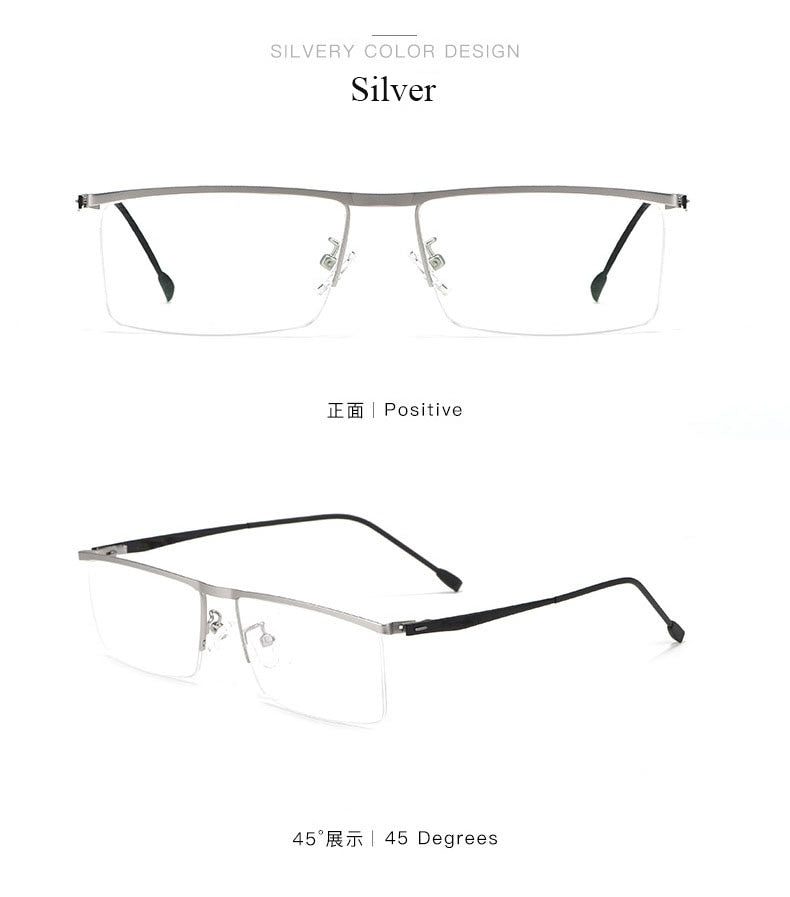 Men's Half Rim Titanium Alloy Frame Spring Hinge Eyeglasses 8827 Semi Rim Bclear Silver  