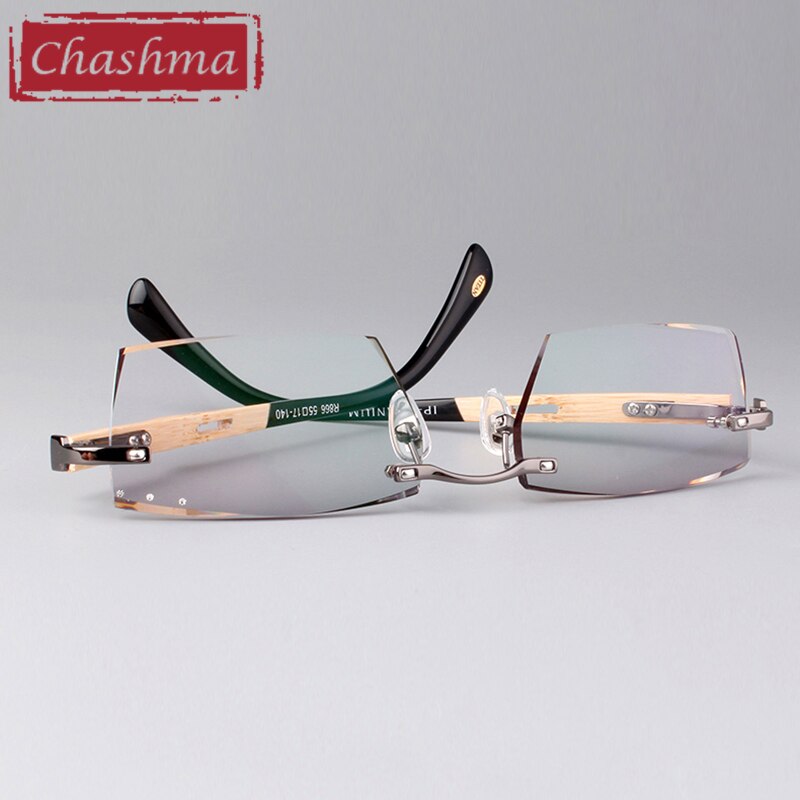 Chashma Ottica Men's Rimless Square Titanium Eyeglasses Bamboo Temples Tint Lenses 886 Rimless Chashma Ottica Gray  