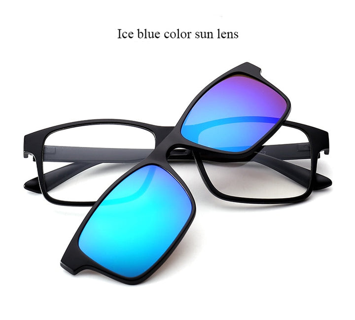 Unisex Full Rim TR90 Frame Eyeglasses With 5 Clip On Polarized Sunglasses Sunglasses Bclear   