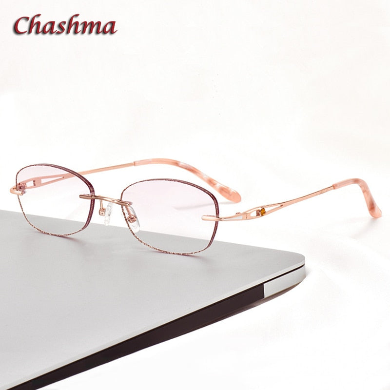 Chashma Ochki Women's Rimless Square Oval Titanium Eyeglasses Glitter Edge Tinted Lenses 99011b Rimless Chashma Ochki Default Title  