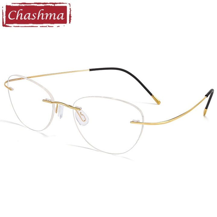 Unisex Rimless Titanium Cat Eye Frame Diamond Cut Tinted Lens Eyeglasses 8041 Rimless Chashma Gold  