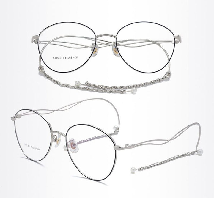 Women's Cat Eye Frame Geometric Round Eyeglasses With Chain Frame Bolluzzy Black silver  