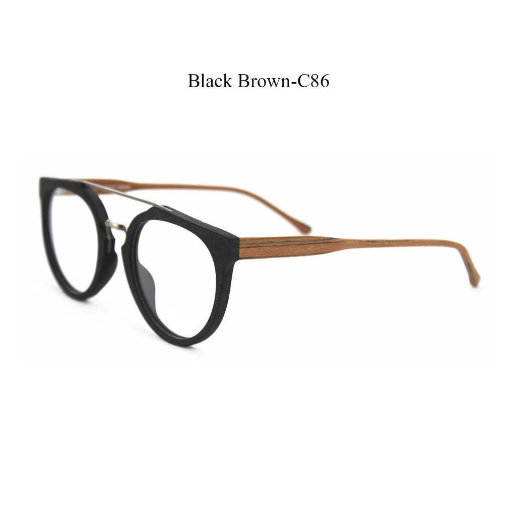 Hdcrafter Unisex Full Rim Round Wood Metal Acetate Double Bridge Frame Eyeglasses Spr09 Full Rim Hdcrafter Eyeglasses Black Brown-C86  