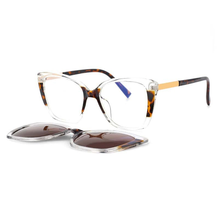 CCSpace Unisex Full Rim Square Cat Eye Tr 90 Titanium Frame Eyeglasses Clip On Sunglasses 53547 Clip On Sunglasses CCspace leopard  