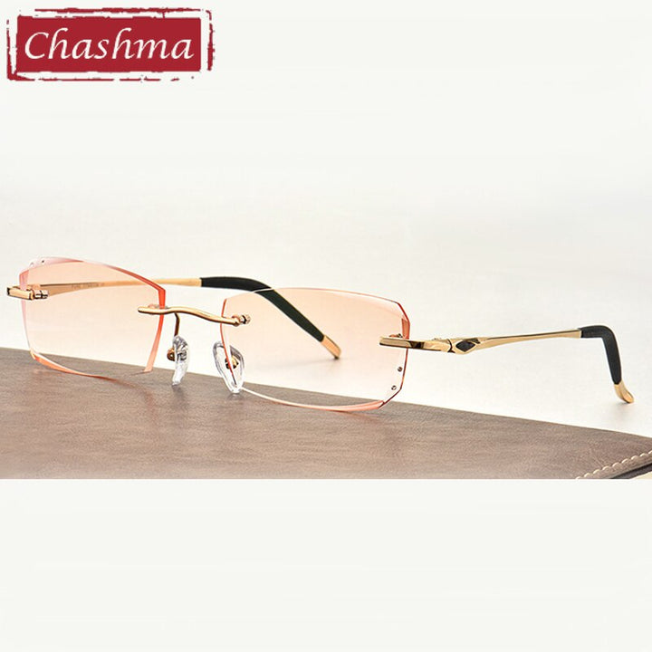 Men's Rectangle Diamond Trimmed Rimless Titanium Frame Eyeglasses 8193 Rimless Chashma A Gold Brown  
