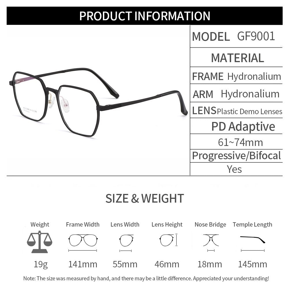 Gmei Men's Full Rim Square Eyeglasses Hydronalium Spring Hinges Gf9001 Full Rim Gmei Optical   