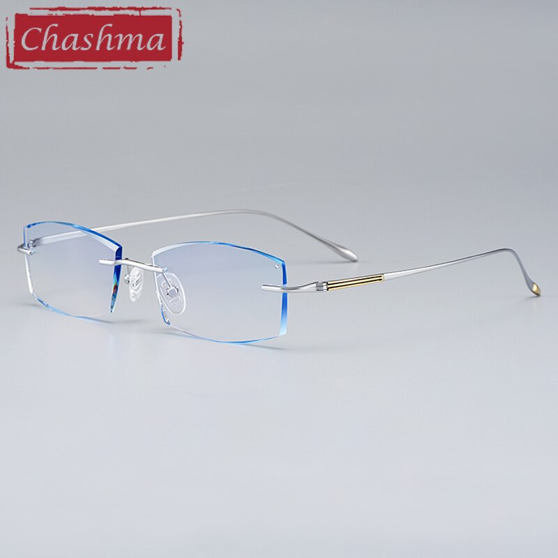 Chashma Ottica Unisex Rimless Rectangle Titanium Eyeglasses Tinted Lenses 9083 Rimless Chashma Ottica Silver Blue  
