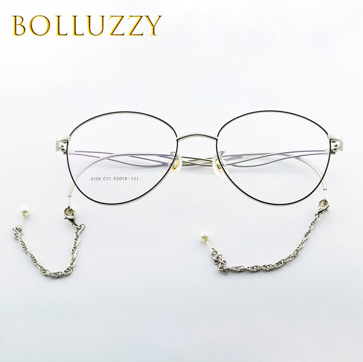 Women's Cat Eye Frame Geometric Round Eyeglasses With Chain Frame Bolluzzy   