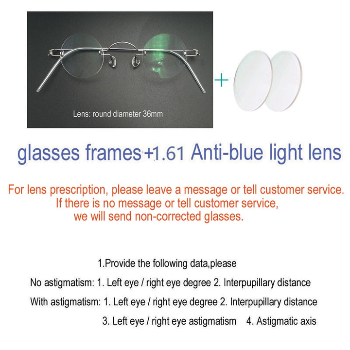 Unisex Handcrafted Rimless Round Eyeglasses Customizable Lenses Rimless Yujo Anti-blue China 