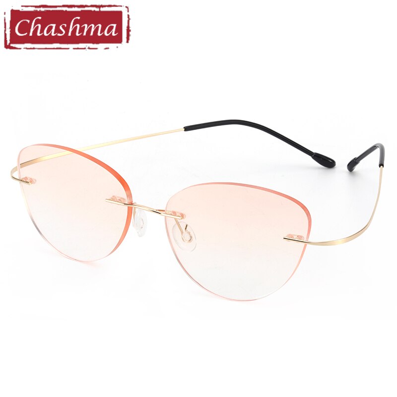 Women's Rimless Cat Eye Titanium Frame Eyeglasses 6074-2c Rimless Chashma Gold with Brown  