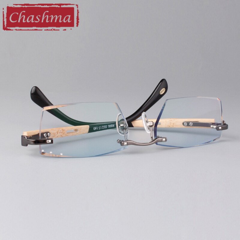 Chashma Ottica Men's Rimless Square Titanium Eyeglasses Bamboo Temples Tint Lenses 886 Rimless Chashma Ottica Silver with Blue  