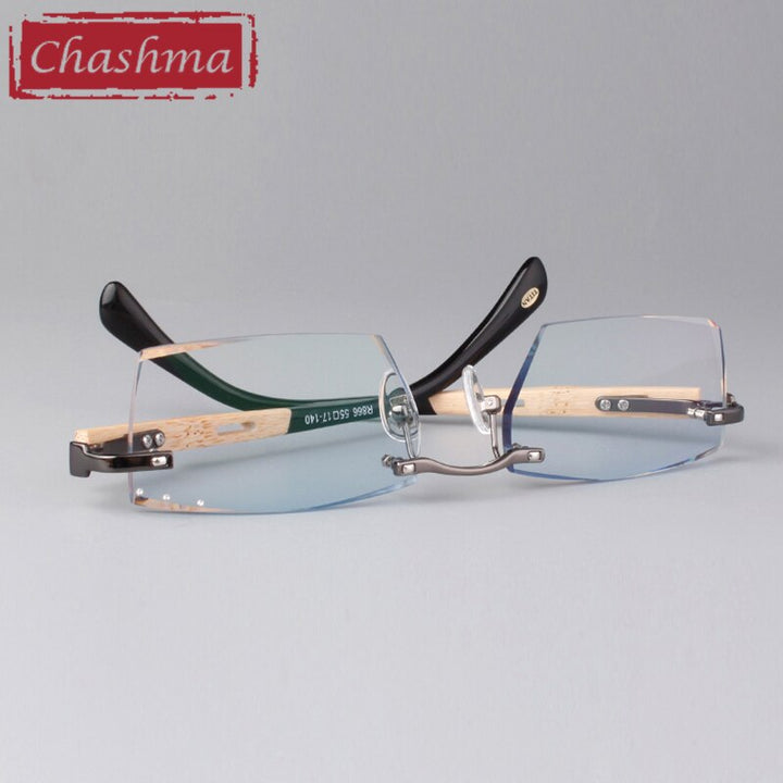 Chashma Ottica Men's Rimless Square Titanium Eyeglasses Bamboo Temples Tint Lenses 886 Rimless Chashma Ottica Silver with Blue  