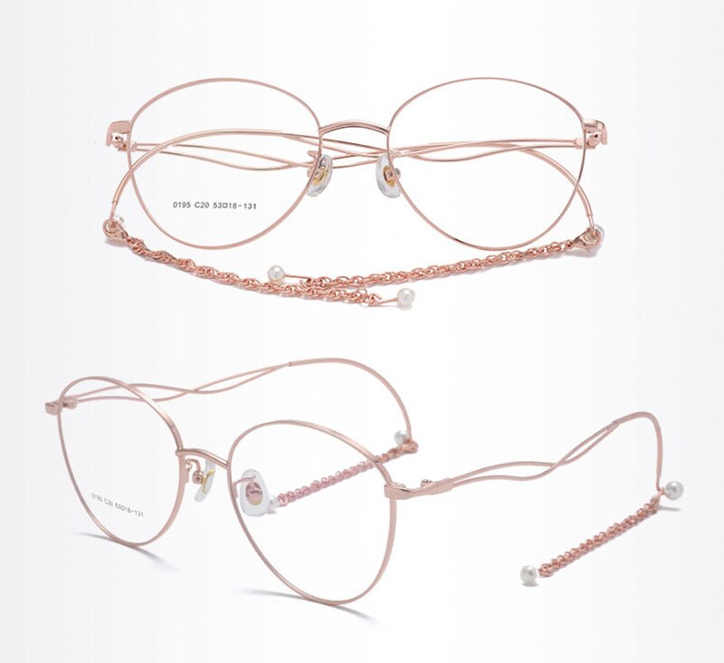 Women's Cat Eye Frame Geometric Round Eyeglasses With Chain Frame Bolluzzy Rose golden  
