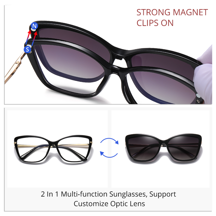 Ralferty Women's Full Rim Square Cat Eye Acetate Eyeglasses With Polarized Clip On Sunglasses D95335 Clip On Sunglasses Ralferty   