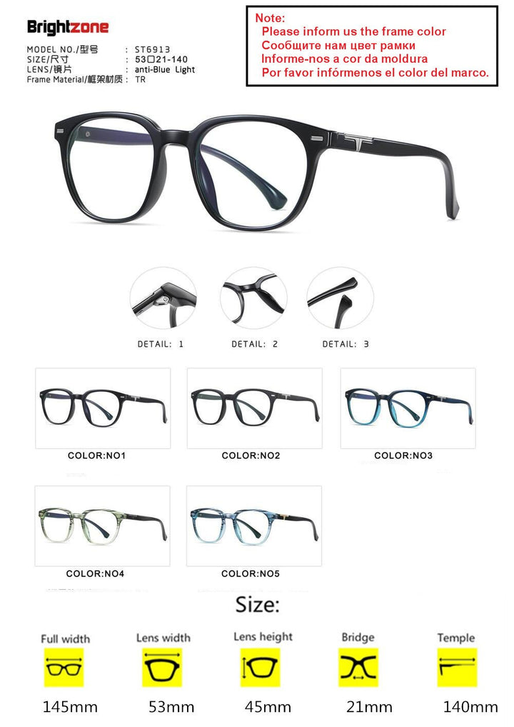 Men's Eyeglasses Computer Glasses Anti Blue Ray Light Cr39 Frame Brightzone 6913 tell framecolor  