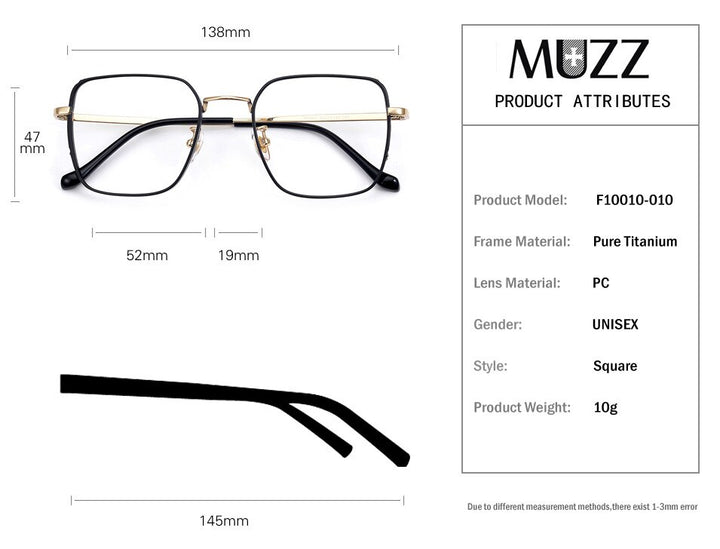 Muzz Women's Full Rim Oversized Square Titanium Frame Eyeglasses 10 Full Rim Muzz   