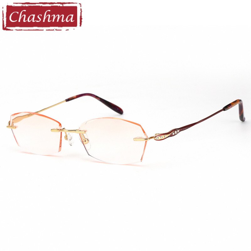 Women's Rectangular Diamond Rimless Titanium Frame Eyeglasses 9065 Rimless Chashma Gold with Brown  