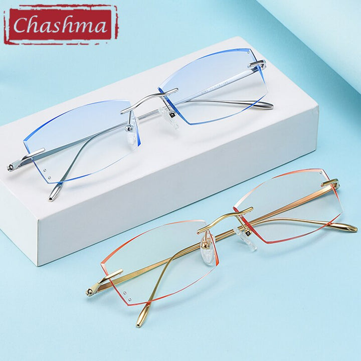 Unisex Rimless Titanium Frame Tinted Lens Eyeglasses 9083 Rimless Chashma   