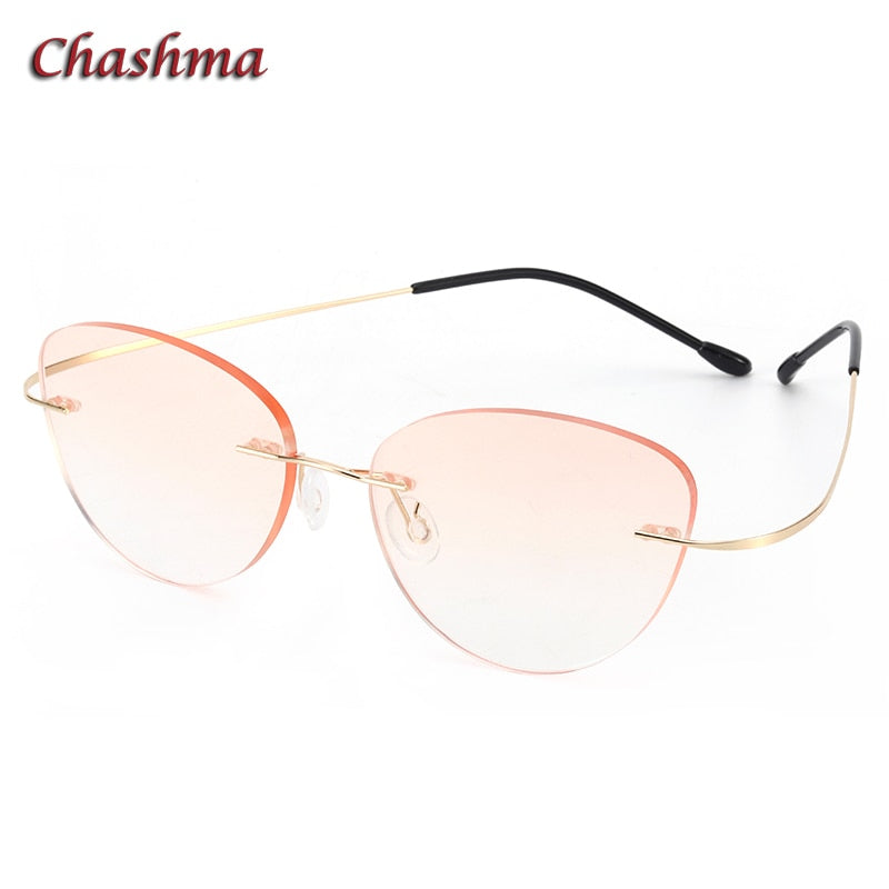 Chashma Ochki Unisex Rimless Triangle Cat Eye Titanium Eyeglasses Tinted Lenses 60742 Rimless Chashma Ochki Gold with Brown  
