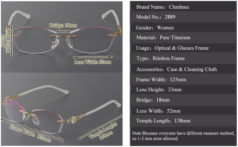 Chashma Ochki Women's Rimless Oval Rectangle Titanium Eyeglasses 2889c Tinted Lenses Rimless Chashma Ochki   