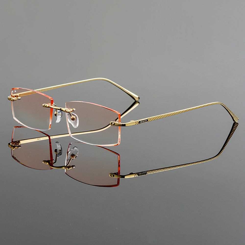 Men's Eyeglasses Titanium Rimless Gradient Brown Rectangle Golden Q6607 Rimless Gmei Optical C1 Bright Golden  