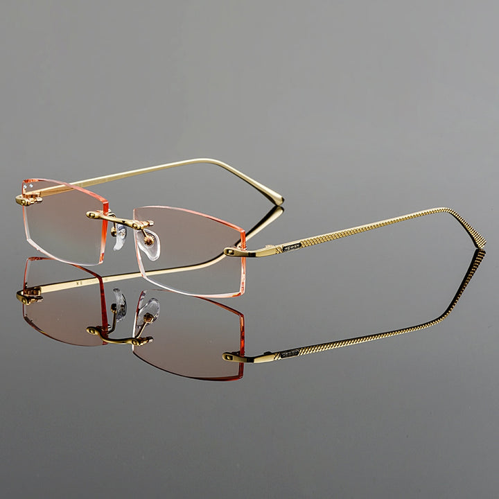 Men's Eyeglasses Titanium Rimless Gradient Brown Rectangle Golden Q6607 Rimless Gmei Optical C1 Bright Golden  