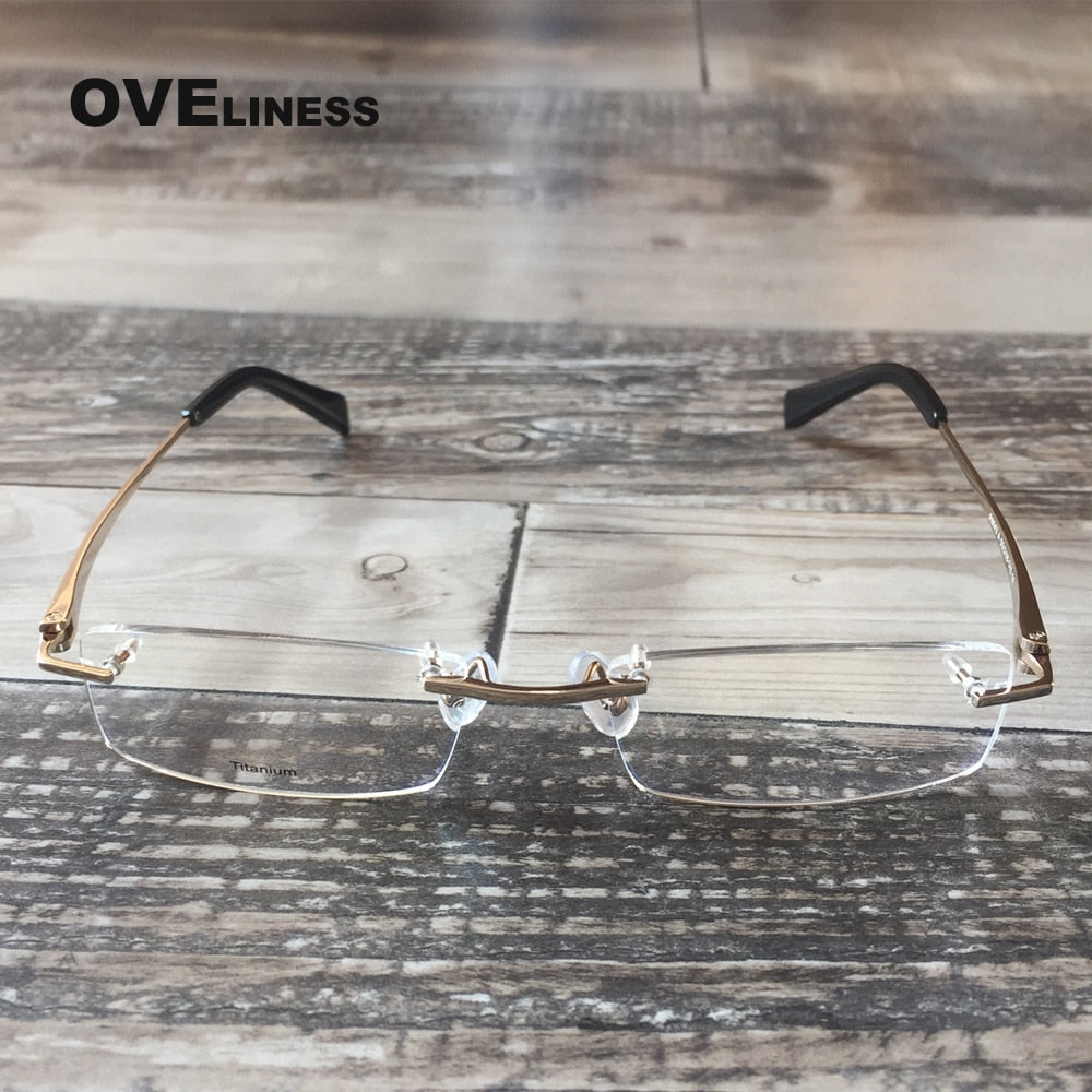 Oveliness Men's Rimless Square Rectangle Titanium Eyeglasses 8643 Rimless Oveliness Gold  