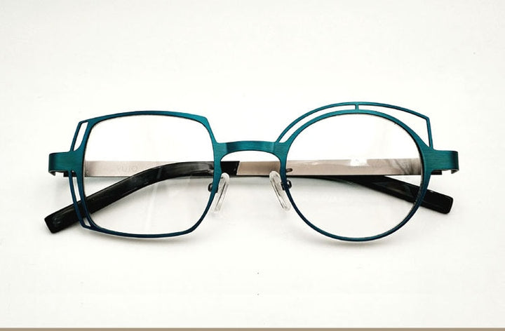 Unisex Eyeglasses Retro Blue Asymmetric Round And Square Alloy Frame 811010 Frame Yujo Blue China 