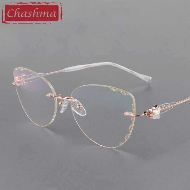 Women's Eyeglasses Butterfly Titanium Diamond Trimmed Rimless 88051 Rimless Chashma   