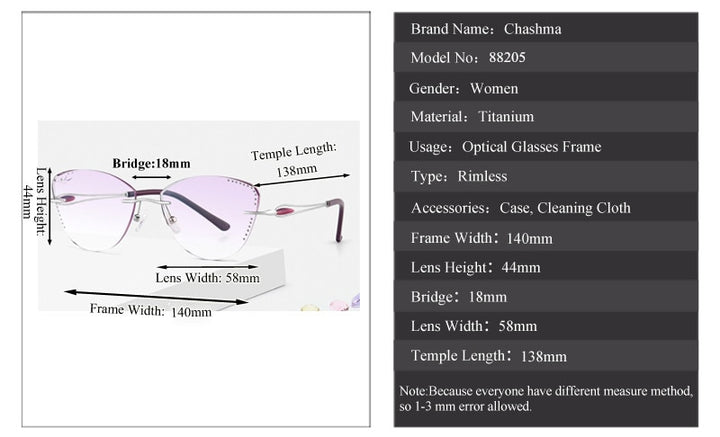 Chashma Ottica Women's Rimless Triangle Cat Eye Titanium Eyeglasses Tinted Lenses 88205 Rimless Chashma Ottica   