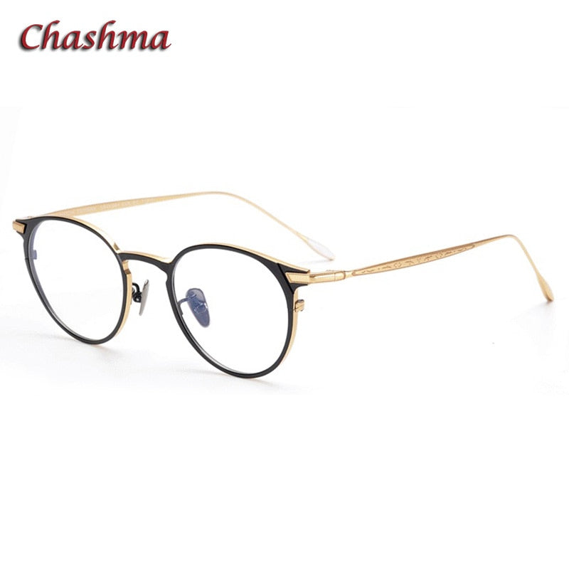 Chashma Ochki Unisex Full Rim Round Titanium Eyeglasses 504 Full Rim Chashma Ochki Black Gold  