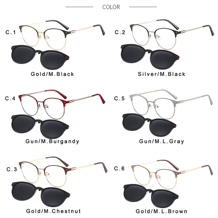 Kansept Women's Full Rim Round Alloy Frame Eyeglasses Magnetic Polarized Clip On Sunglasses T3520 Clip On Sunglasses Kansept   