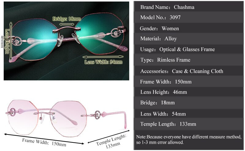Chashma Ottica Women's Rimless Polygon Round Alloy Eyeglasses Tinted Lenses 007 Rimless Chashma Ottica   