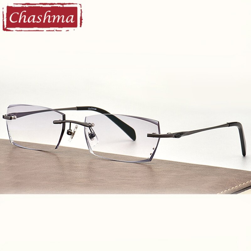 Men's Rectangle Diamond Trimmed Rimless Titanium Frame Eyeglasses 8193 Rimless Chashma B Gray  
