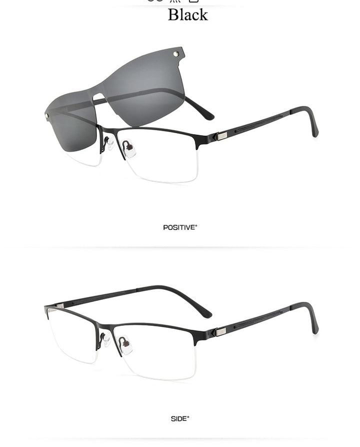 Men's Half Rim Alloy Frame Magnetic Clip On Polarized Lens Eyeglasses Zt94007 Semi Rim Bclear black black 1 